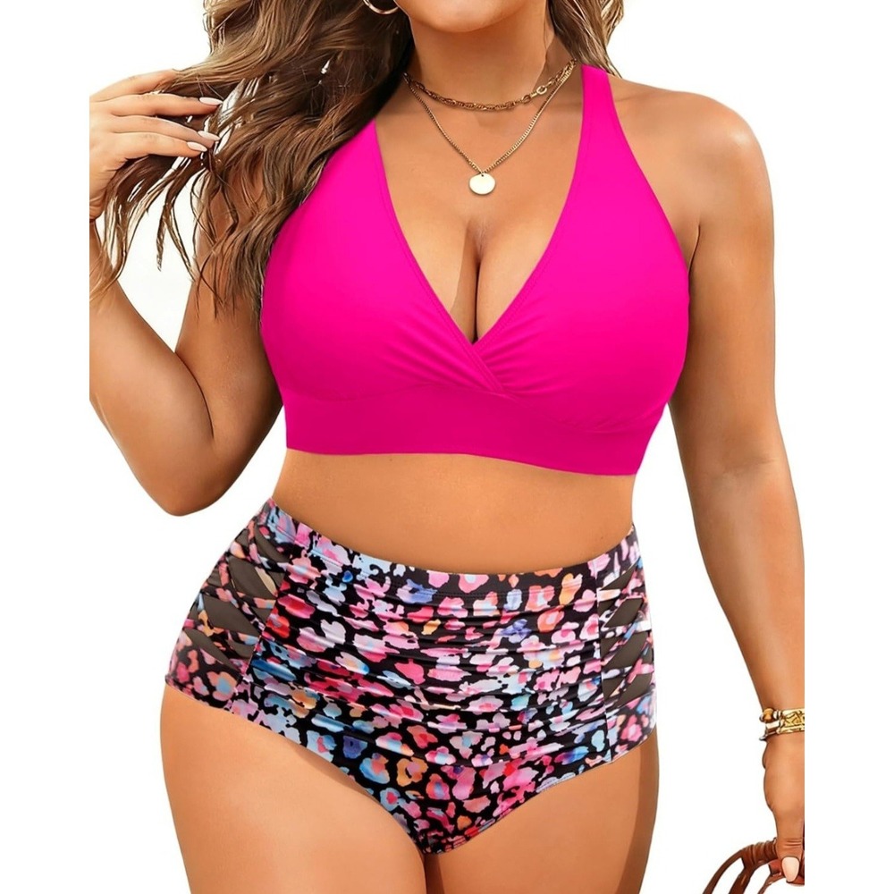 YONIQUE 2 Piece Swimsuit 18W Pink Floral High Waist Bikini Plus Size NWT